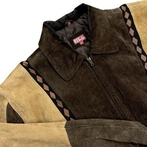 Red Ranch Vintage Leather Jacket Aztec Western Quilt Lined Size 2XL Suede Bomber